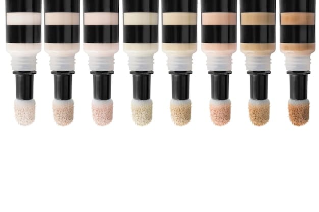 A set of different color correcting products (concealers, creams, sticks) displayed on a table, each labeled with its color and intended use, such as green for redness, peach for dark circles, and lavender for dullness.