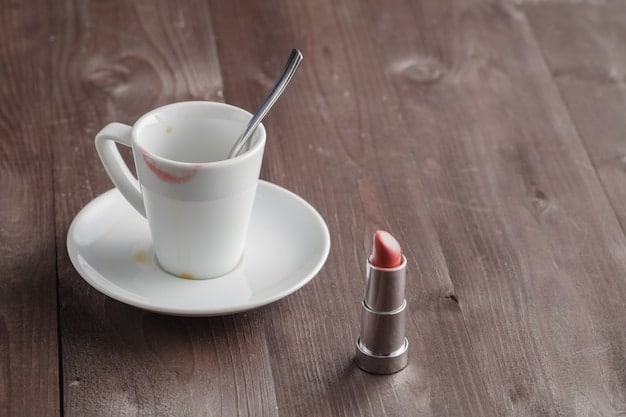 A before-and-after comparison showing a coffee cup with a lipstick stain (left) and a pristine cup after using a transfer-proof lipstick (right).