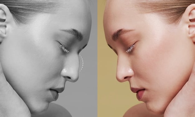A side-by-side comparison of highlighting and strobing techniques, showcasing the subtle sculpting effect of highlighting versus the intense glow of strobing.