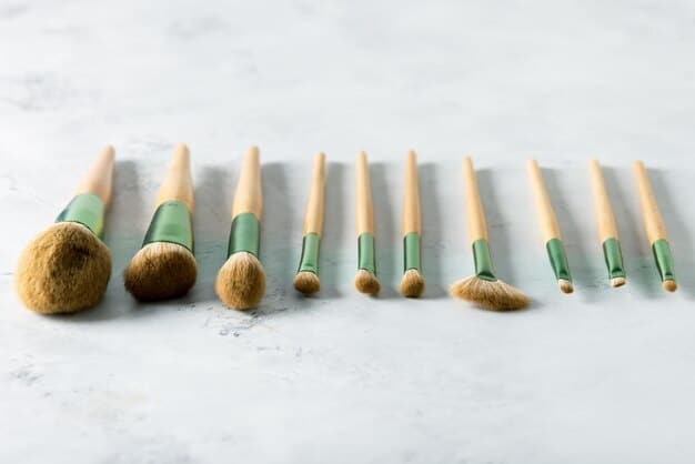A close-up shot of various makeup brush bristles, showcasing the difference between natural and synthetic fibers. The image highlights the texture, density, and shape of each type, emphasizing the unique application properties they offer for different makeup products. The background is blurred to keep the focus on the brush bristles