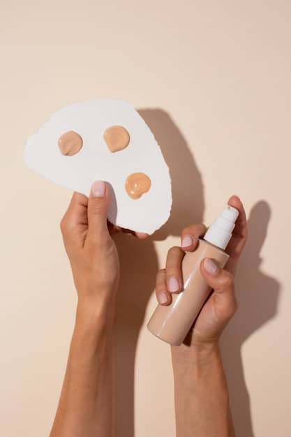 A hand is holding up a color wheel with different skin tones highlighted, with arrows pointing to cool, warm, and neutral undertones. Background shows makeup brushes and foundation bottles.
