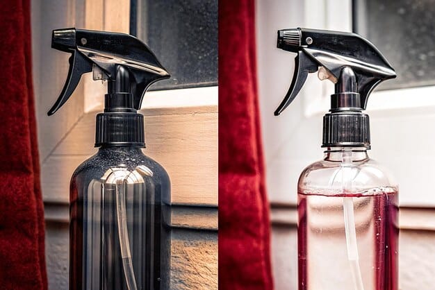 A split image showing two different setting sprays. On one side, a matte finish setting spray with a label highlighting oil control. On the other side, a dewy finish setting spray emphasizing hydration. The background is a clean, minimalist vanity.