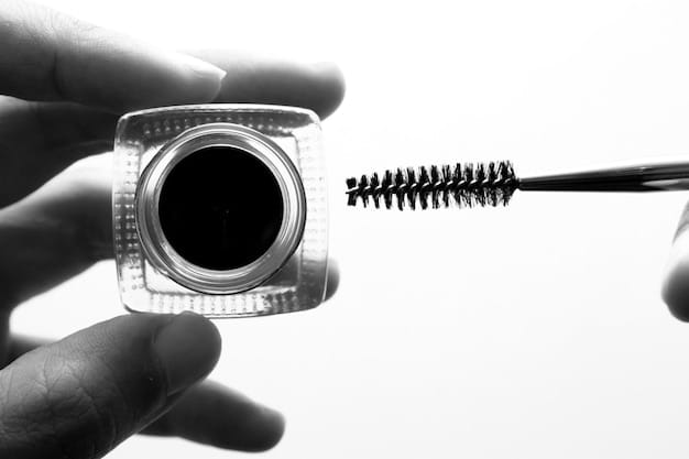 An angled shot of a tinted brow gel with fibers wand, with visible fibers on the applicator. The background is a collection of various brow products, creating a visually appealing and informative scene.