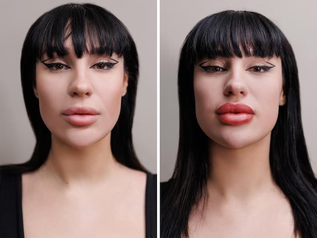 A split image showing the before and after of using lip liner to create fuller lips. On one side, the natural lip shape is visible. On the other, the lips look significantly fuller and more defined with expertly applied lip liner.
