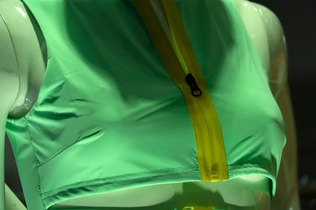 A close-up of a new sustainable Nike jacket, showcasing innovative fabric texture and subtle eco-friendly branding, with a blurred German urban background.