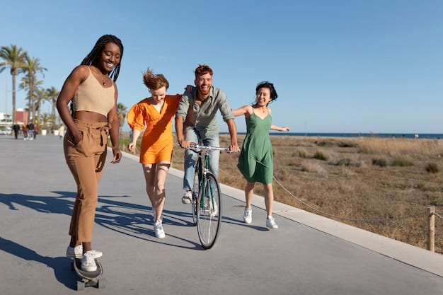 A diverse group of German individuals engaging in various sports activities (running, cycling) outdoors, all wearing subtle, stylish sustainable Nike apparel, against a backdrop of a clean, green urban park.