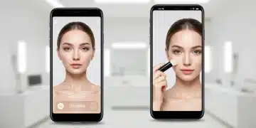 Woman trying virtual makeup on smartphone with AI app