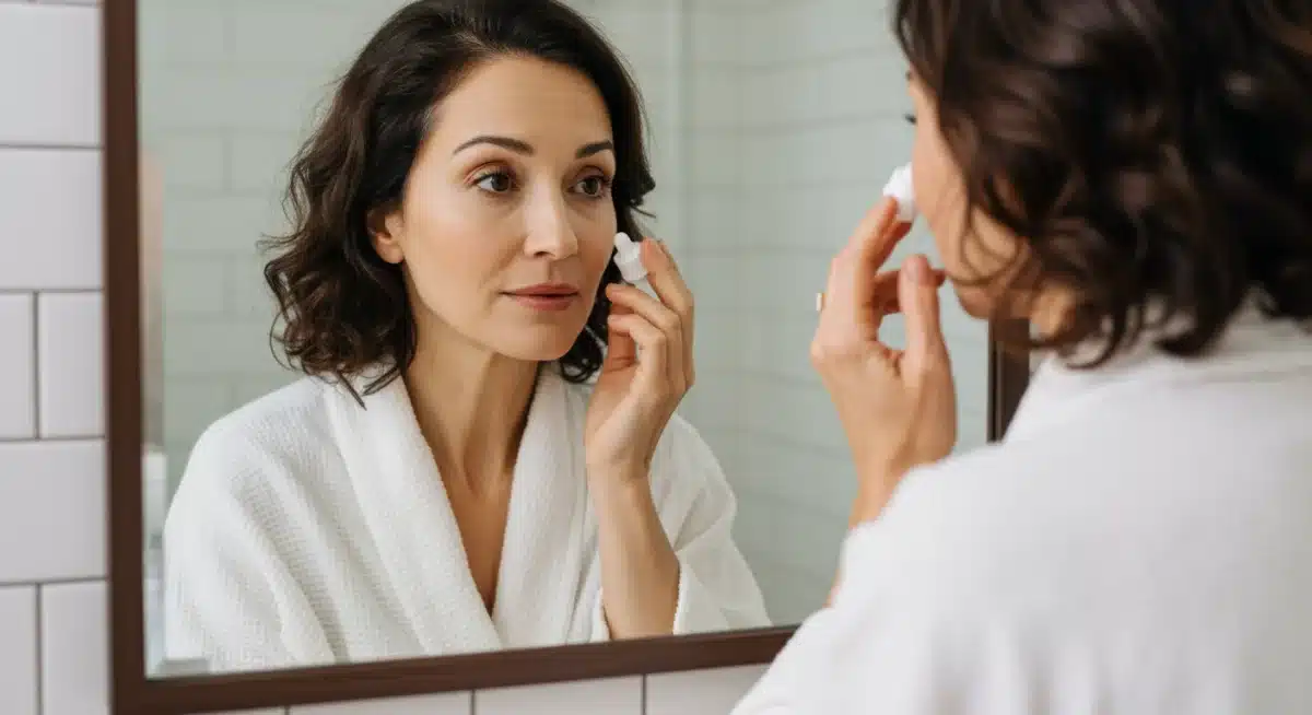 Mature woman applying hydrating primer as the first step in her makeup routine for smoother skin.