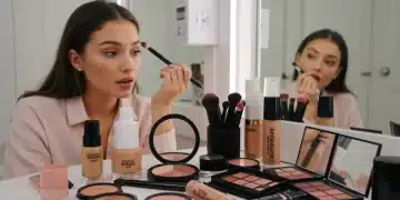 Woman applying eye makeup with a brush, surrounded by diverse cosmetic products on a clean vanity, symbolizing smart budget management.