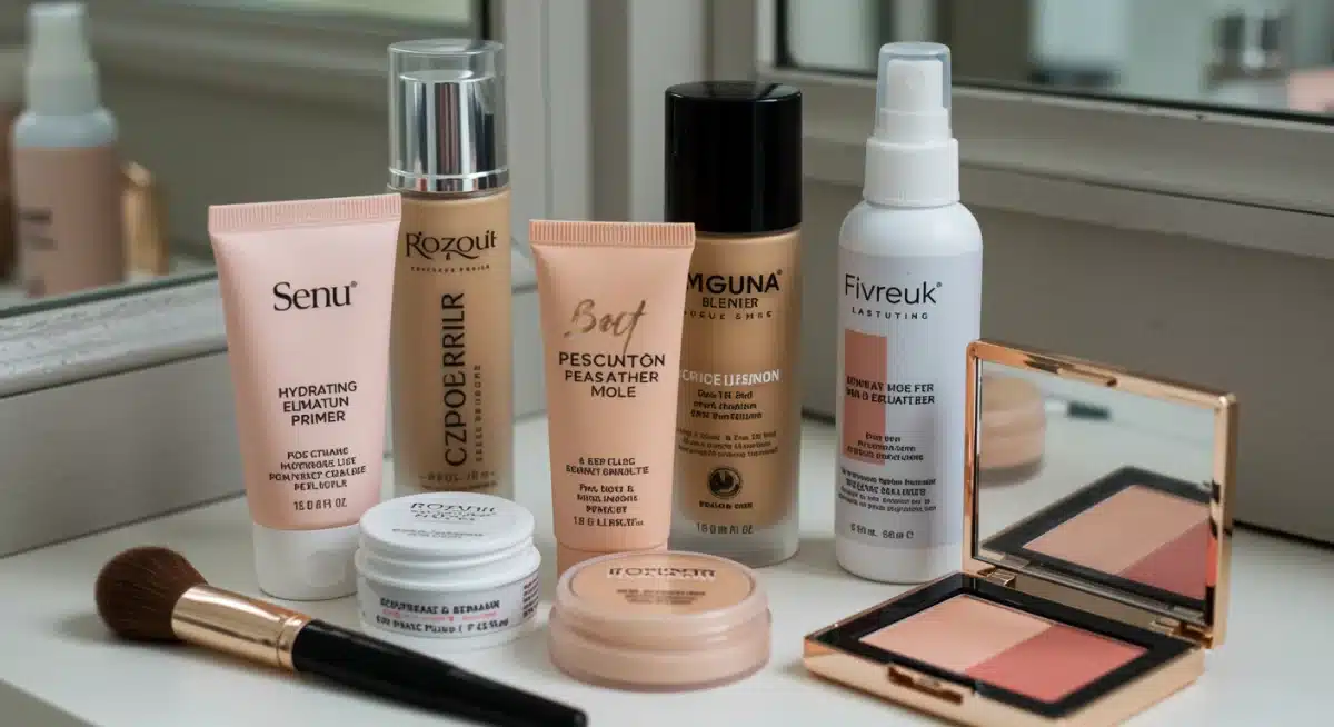 Essential makeup products for a mature skin 4-step routine, including primer, foundation, blush, and setting spray.
