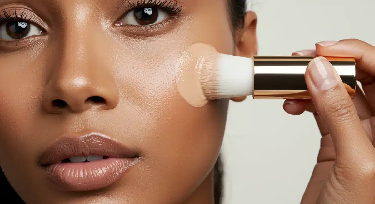 Model applying skincare-infused foundation for radiant skin
