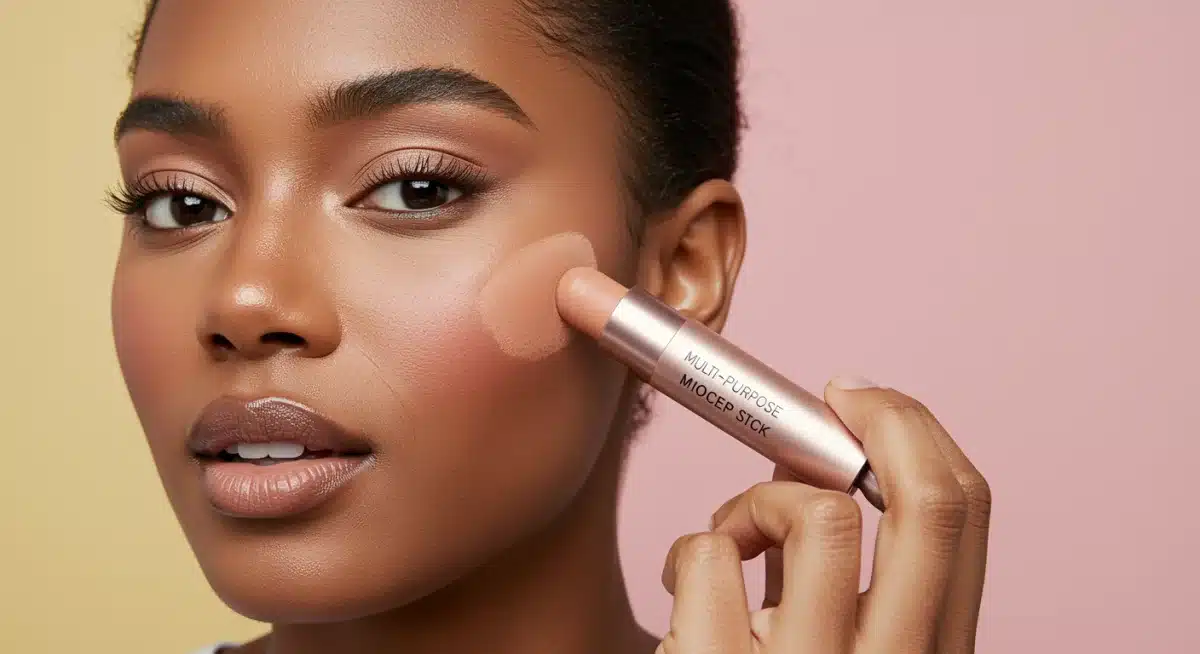 Woman applying multi-purpose makeup stick for quick beauty