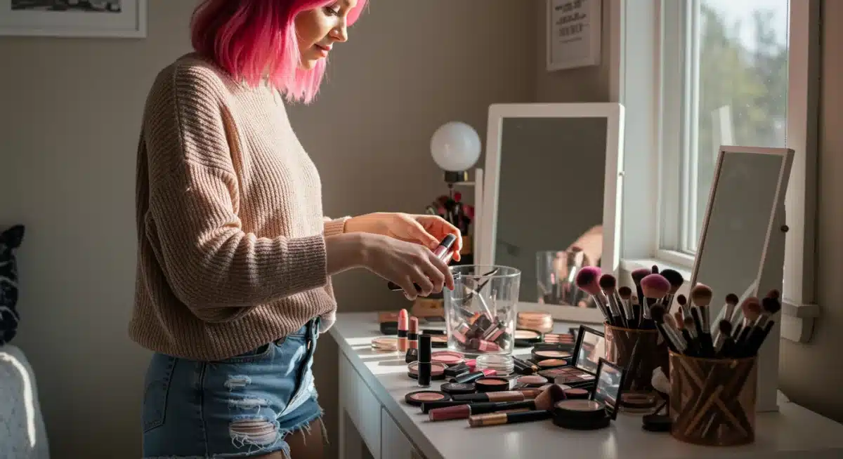 Organized makeup collection with focus on versatile, value-driven products, demonstrating conscious beauty consumption habits.