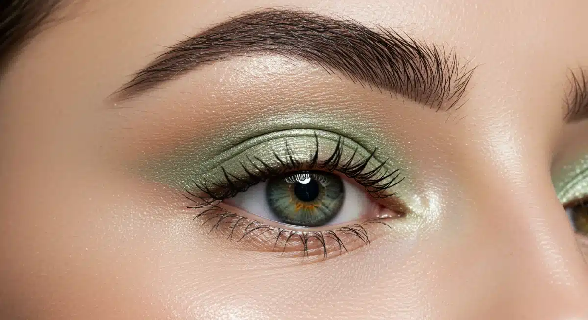 Close-up of an eye with subtle pastel green eyeshadow, demonstrating Spring 2026 makeup trends.