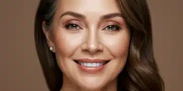 Radiant mature woman showcasing a beautifully applied 4-step makeup routine for glowing skin.