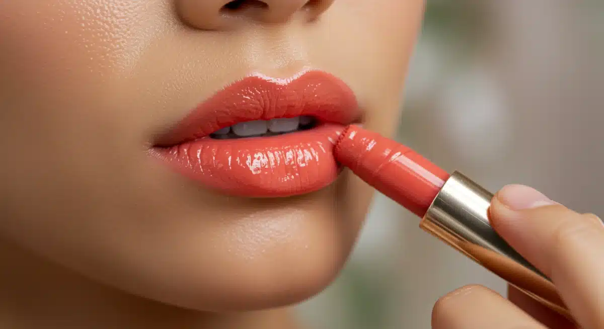 Hand applying a sheer coral lip tint, showcasing a natural, glossy finish for Spring 2026 makeup.