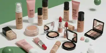 Diverse vegan makeup products, eco-friendly packaging