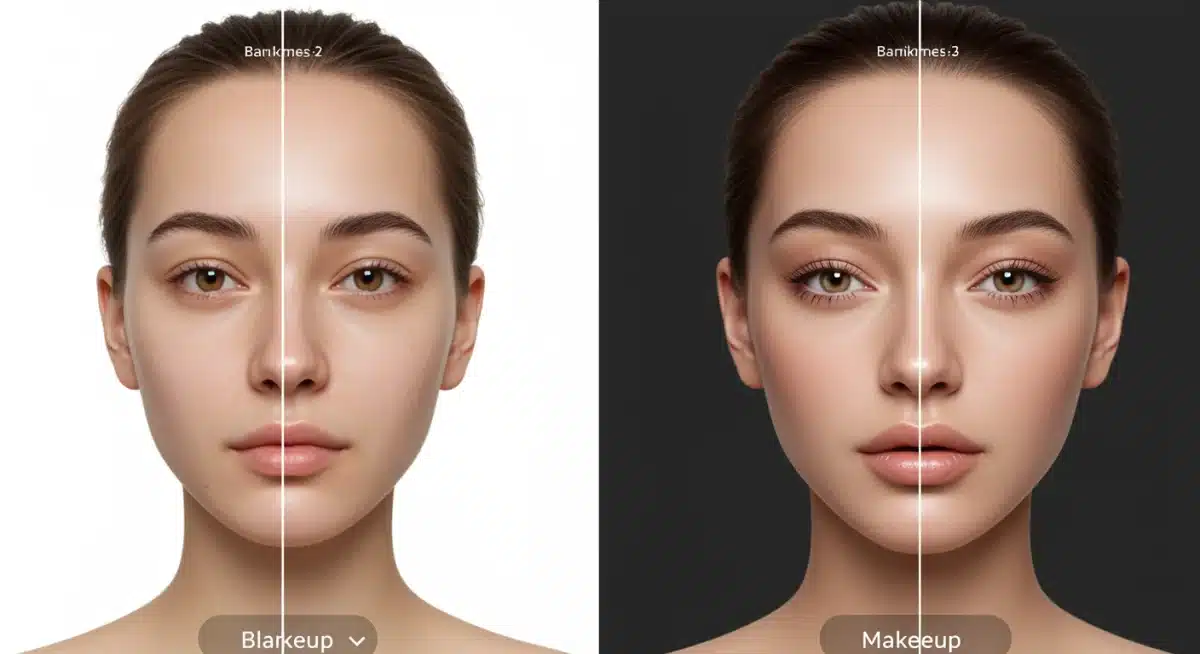 Split screen showing before and after virtual makeup application via AI app