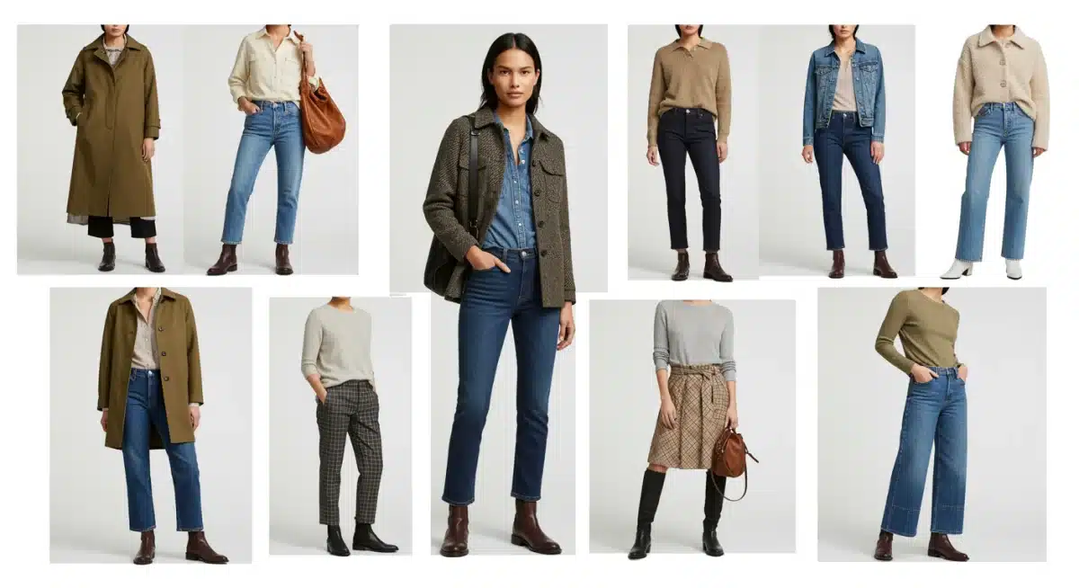 Collage of multiple outfits from a single capsule wardrobe collection
