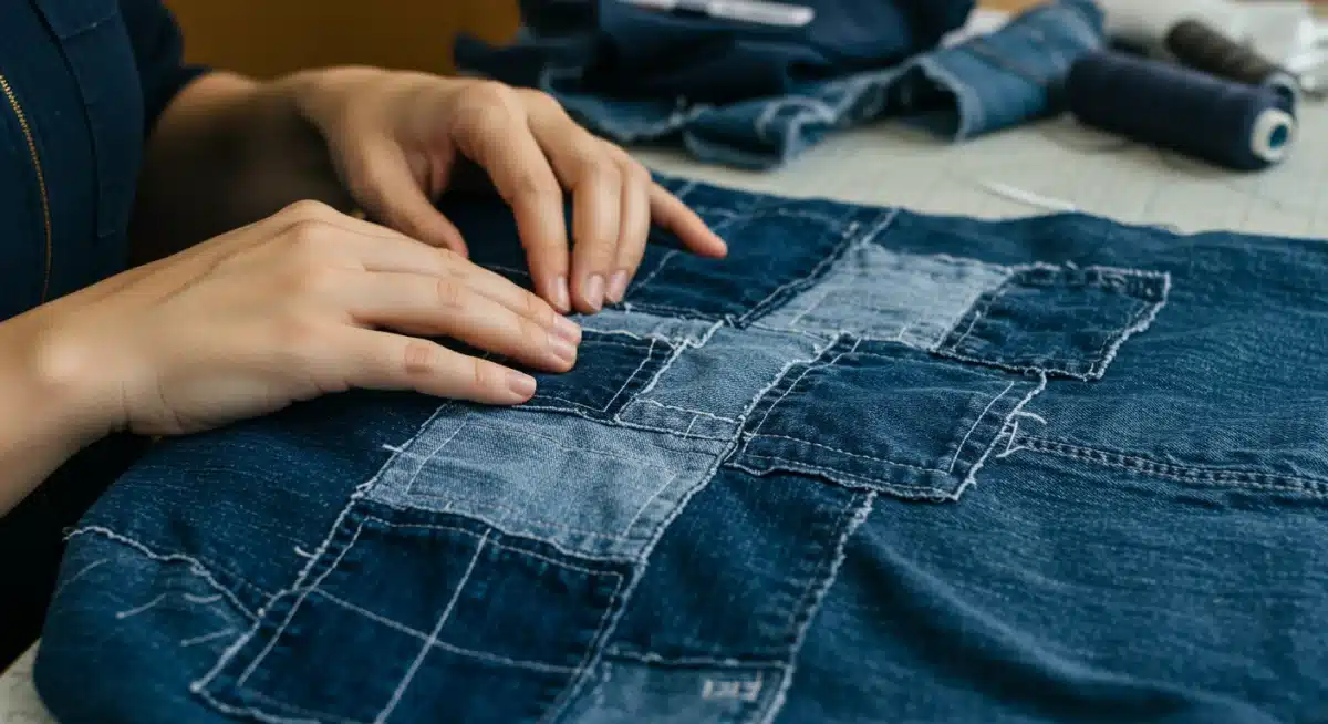 Hands sewing intricate patchwork onto denim, illustrating upcycled fashion craftsmanship.