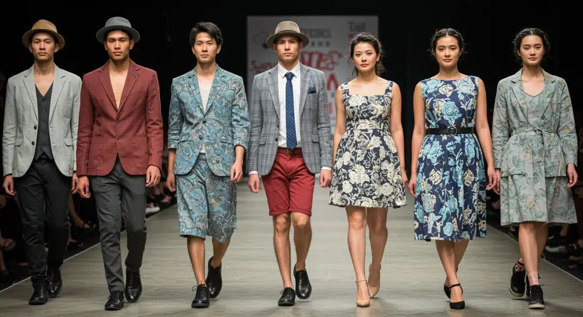 Diverse models showcasing various upcycled apparel designs on a runway or public platform.