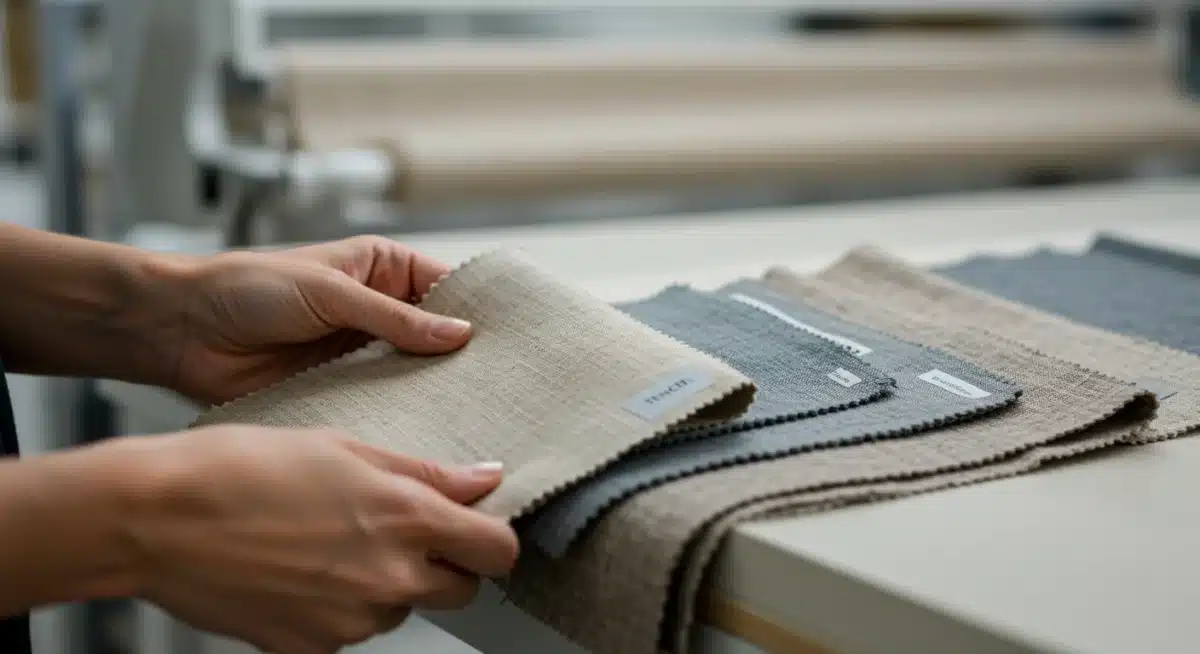 Hands inspecting eco-friendly fabric swatches like bamboo and Tencel