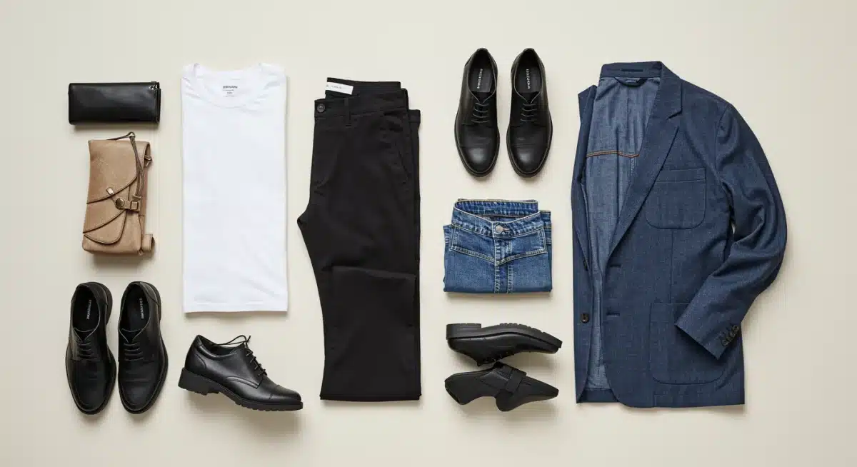 Flat lay of 10 essential clothing pieces for a capsule wardrobe