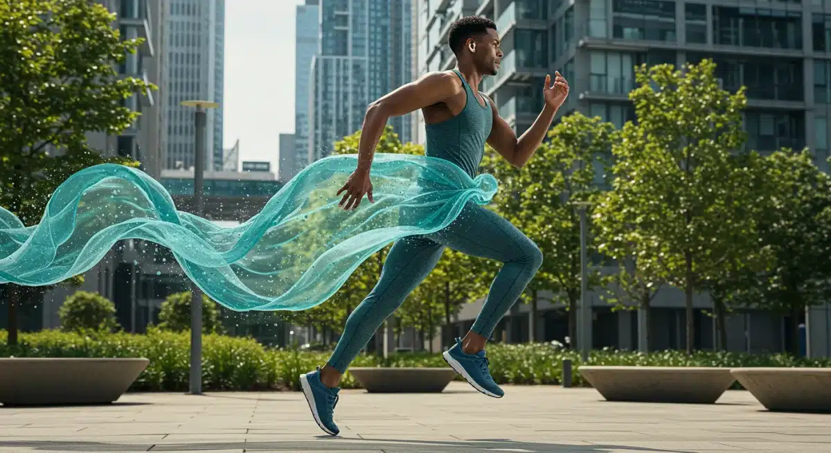 Athlete in performance fabric blend apparel jogging in park