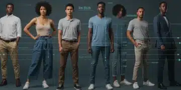 Diverse individuals confidently showcasing perfect fit clothing against a modern, digital backdrop, representing 2026 apparel sizing standards.
