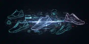 Futuristic shoe market trends with symbols of durability, sustainability, and technology.