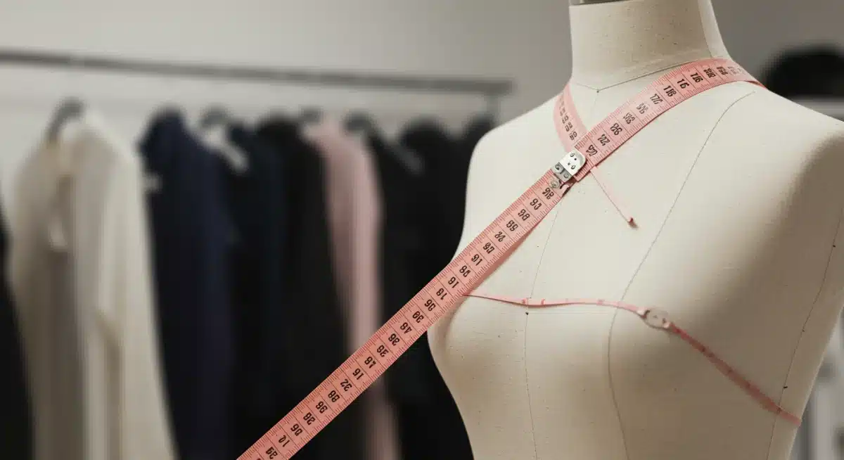 Close-up of a tape measure on a mannequin, illustrating precise body measurements for accurate apparel sizing.