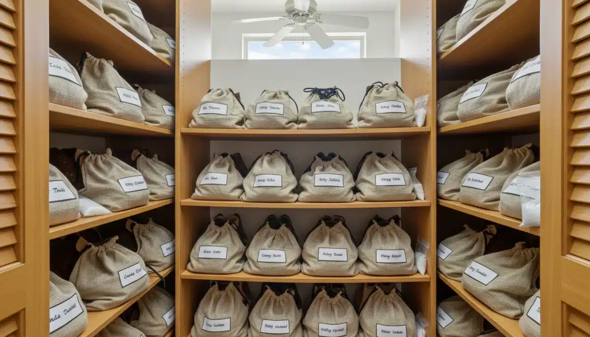 Shoes stored in breathable bags with silica gel for moisture control.