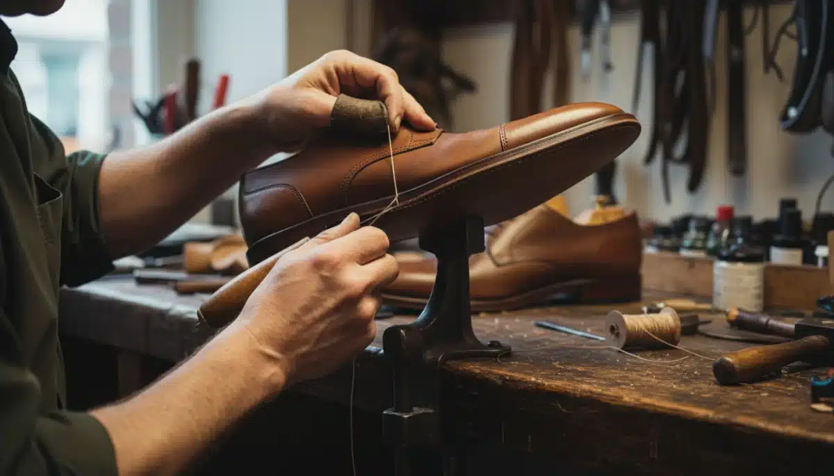 Cobbler stitching new shoe sole, demonstrating expert repair