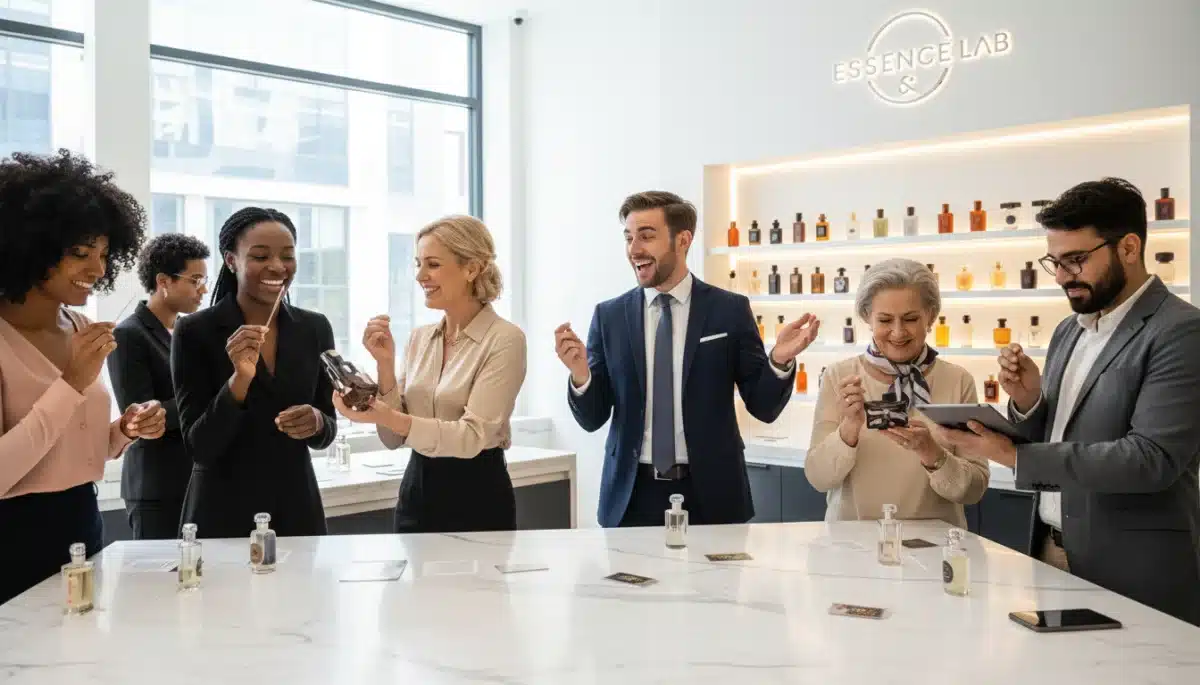 Diverse consumers exploring and sampling unique niche perfumes in a contemporary fragrance boutique.