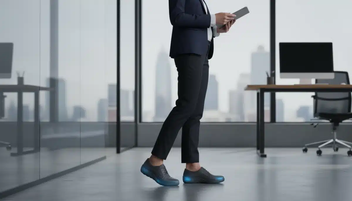 Person standing comfortably in ergonomic shoes with illustrated pressure distribution