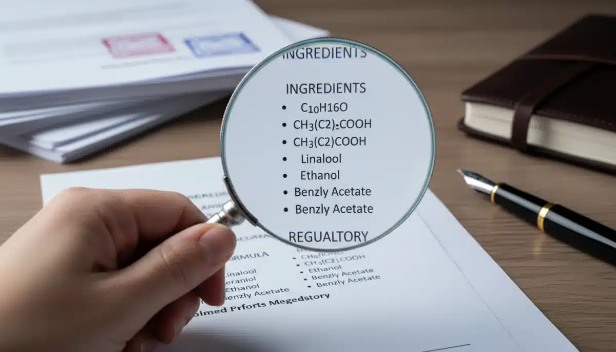 Magnifying glass examining perfume ingredient list for regulatory compliance