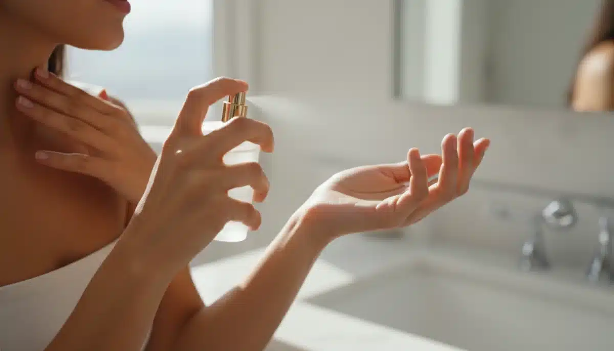 Person applying perfume to pulse points for increased longevity