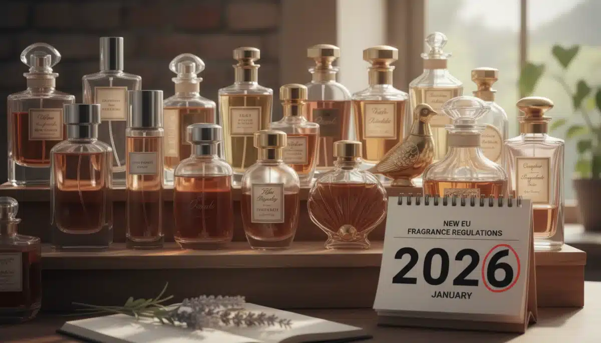 Assortment of perfume bottles with a 2026 calendar, symbolizing market changes