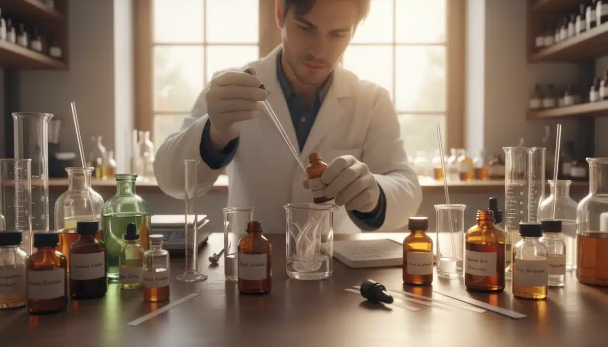 Perfumier expertly blending essential oils, symbolizing innovation in niche fragrance creation.