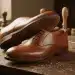 Freshly resoled leather shoes on a workbench, symbolizing footwear longevity