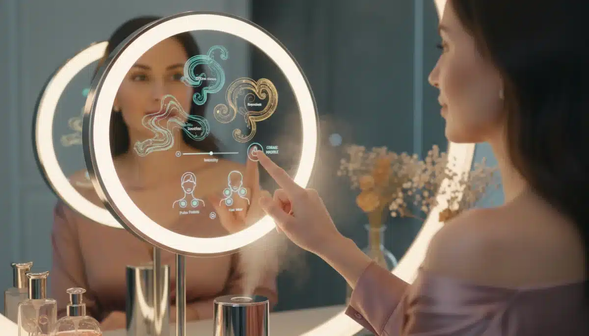 Woman using smart perfume diffuser for custom scent application