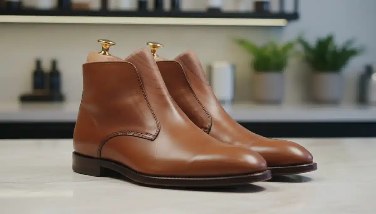 Wooden shoe trees preserving the shape of leather boots.