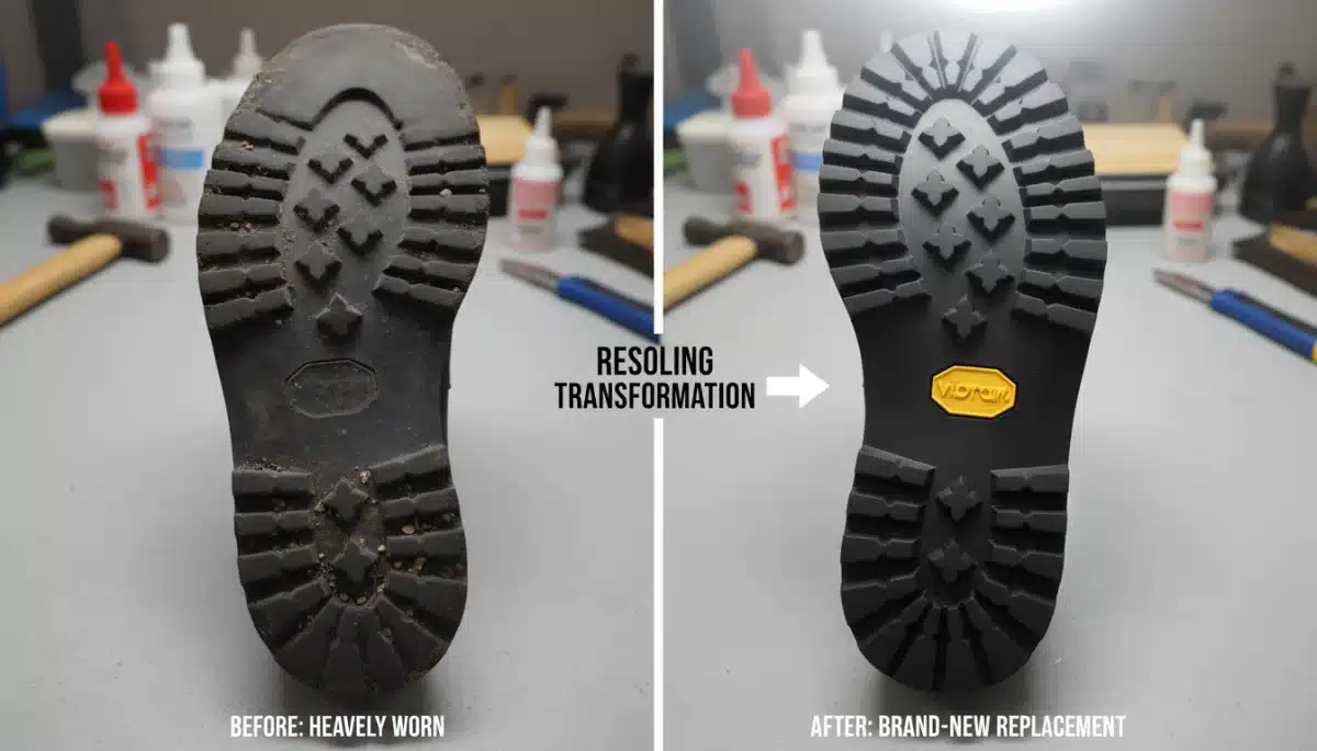Worn shoe sole versus new replacement sole, showing resoling benefit