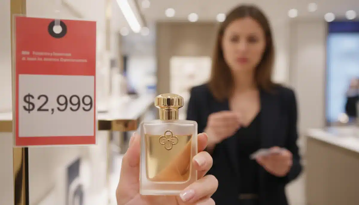 Consumer considering price and ethical sourcing of a perfume bottle