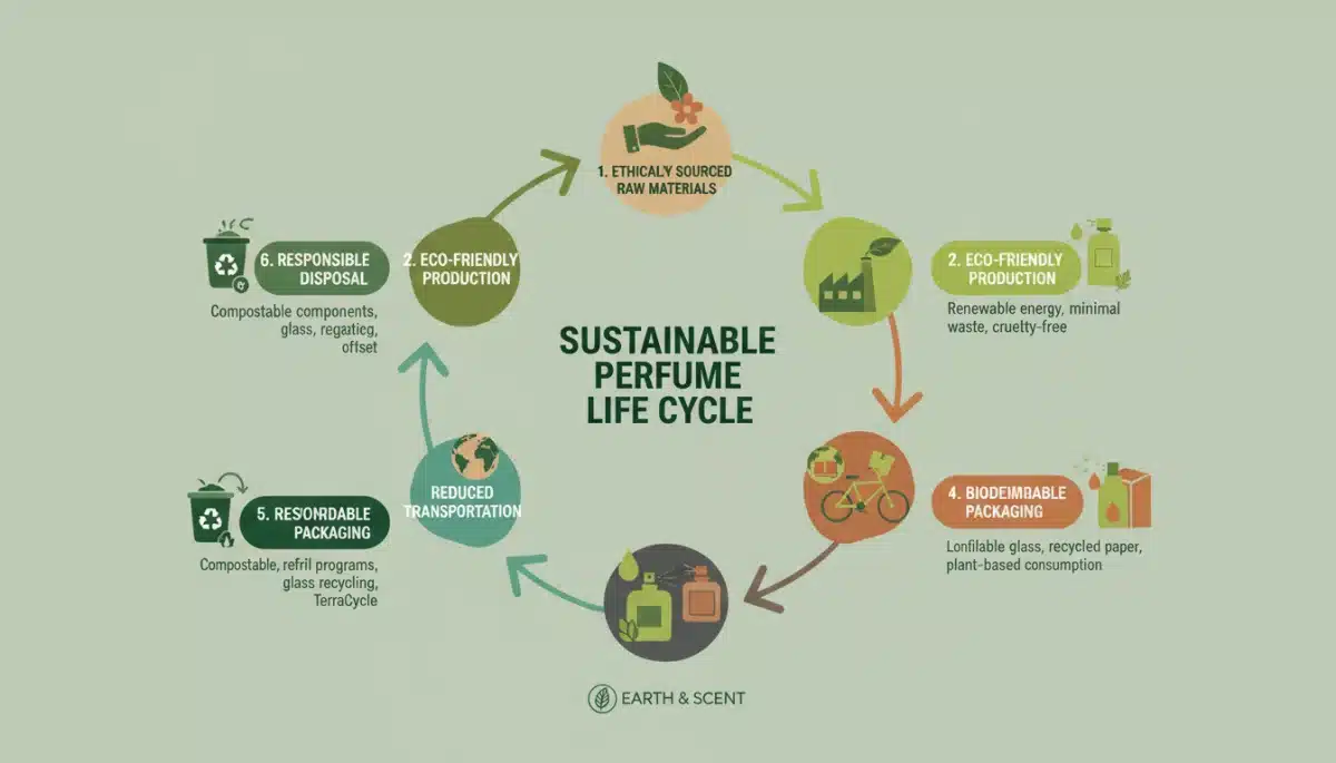 Infographic illustrating the sustainable life cycle of an eco-friendly perfume, from sourcing to disposal.