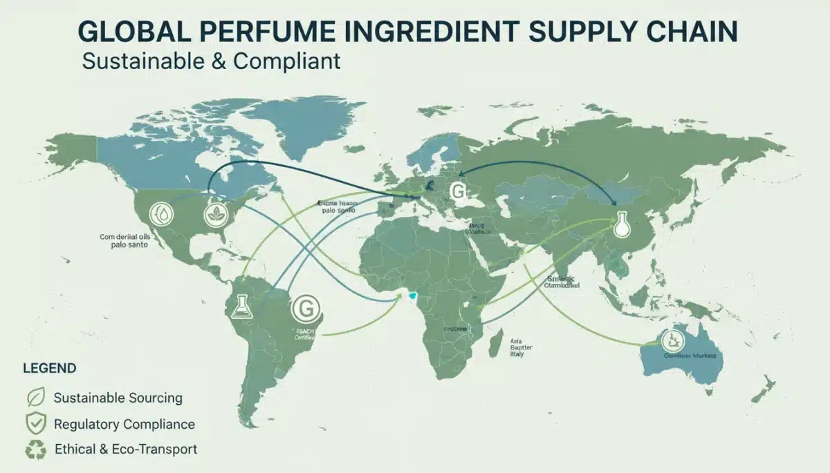 Global supply chain graphic for sustainable perfume ingredients
