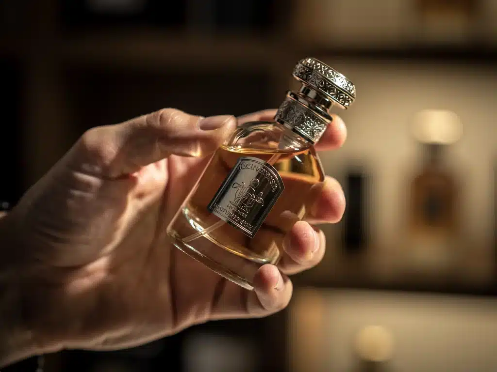 Expert hand inspecting a rare perfume bottle, emphasizing quality and rarity for fragrance investment.