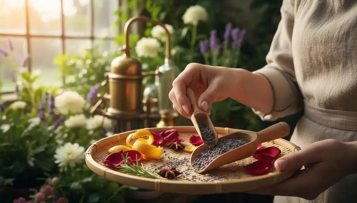 Hands collecting natural ingredients for eco-friendly perfume formulation, emphasizing sustainable sourcing.