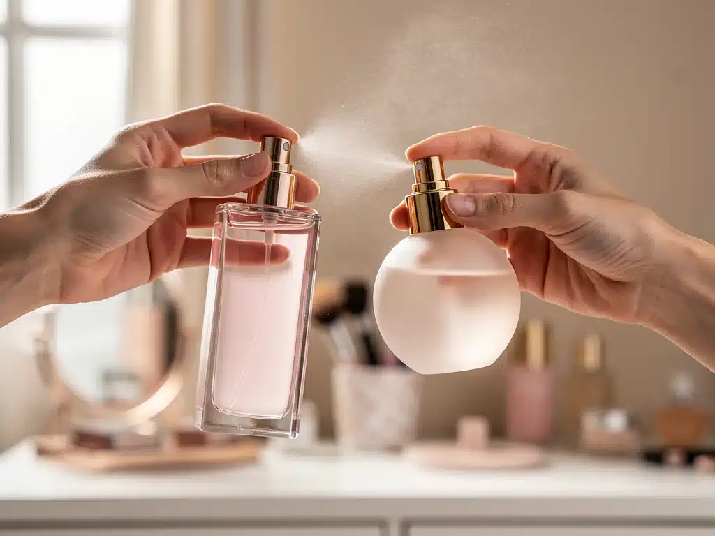 Hands demonstrating the technique of layering two distinct perfumes