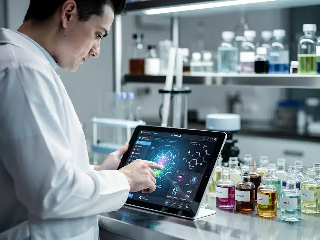 Perfumery expert using AI software for fragrance formulation